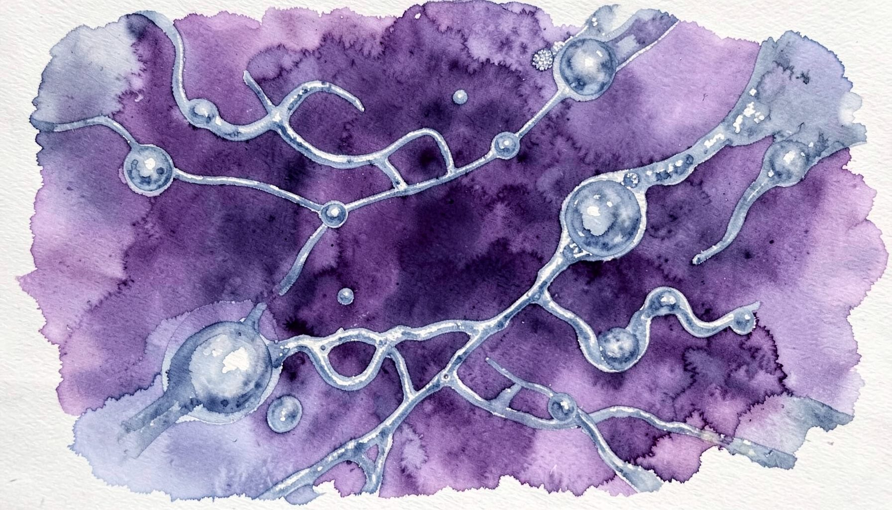 Soft watercolour painting of abstract nanoscale channels and spheres in cool blue and silver tones, evoking molecular-scale transport