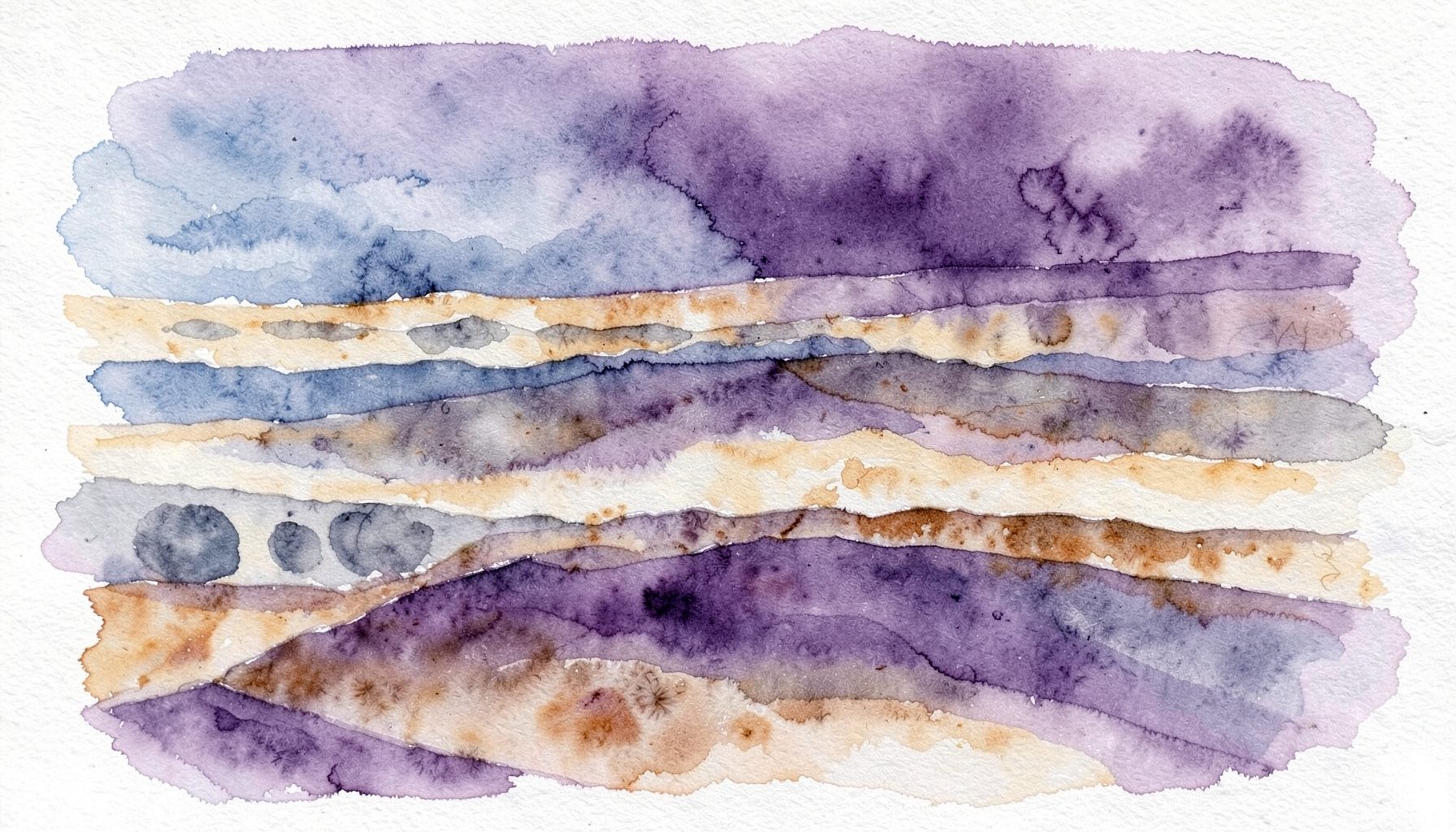 Soft watercolour painting of layered sedimentary rock formations with subtle blue-grey and warm ochre tones, suggesting porous geological structures