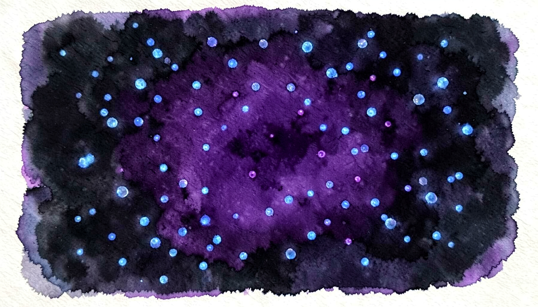 Soft watercolour painting of glowing quantum dots in deep violet and electric blue against a dark background, suggesting semiconductor nanostructures