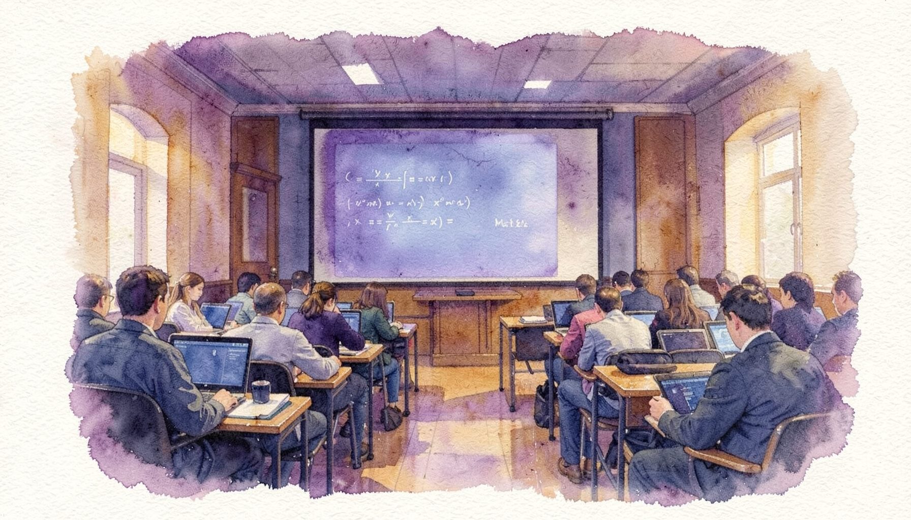 Soft watercolour painting of a university lecture hall with warm amber and deep blue tones, students at desks with laptops, subtle glow of projected equations on a screen, calm academic atmosphere