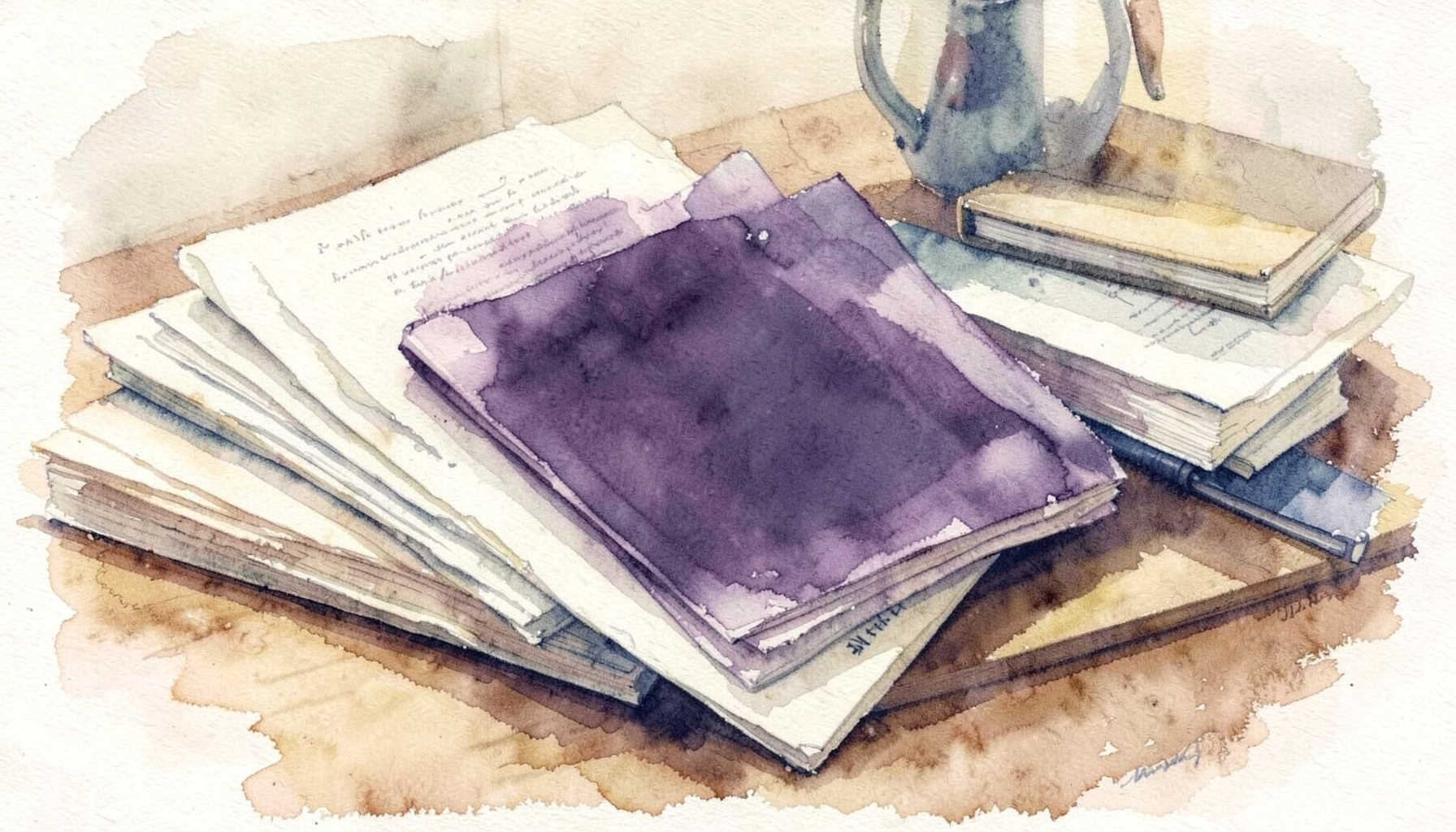 Soft watercolour painting of stacked academic papers and bound theses on a wooden desk, warm ivory and muted navy tones, scholarly mood