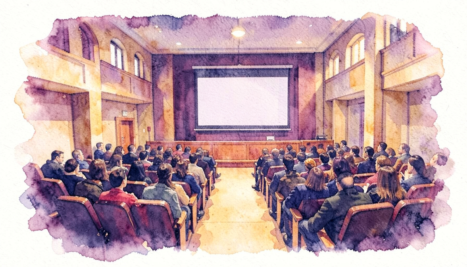 A soft watercolour painting of a university lecture hall with warm amber and deep blue tones, rows of seats descending toward a presentation screen, conveying an atmosphere of academic gathering and scholarly exchange