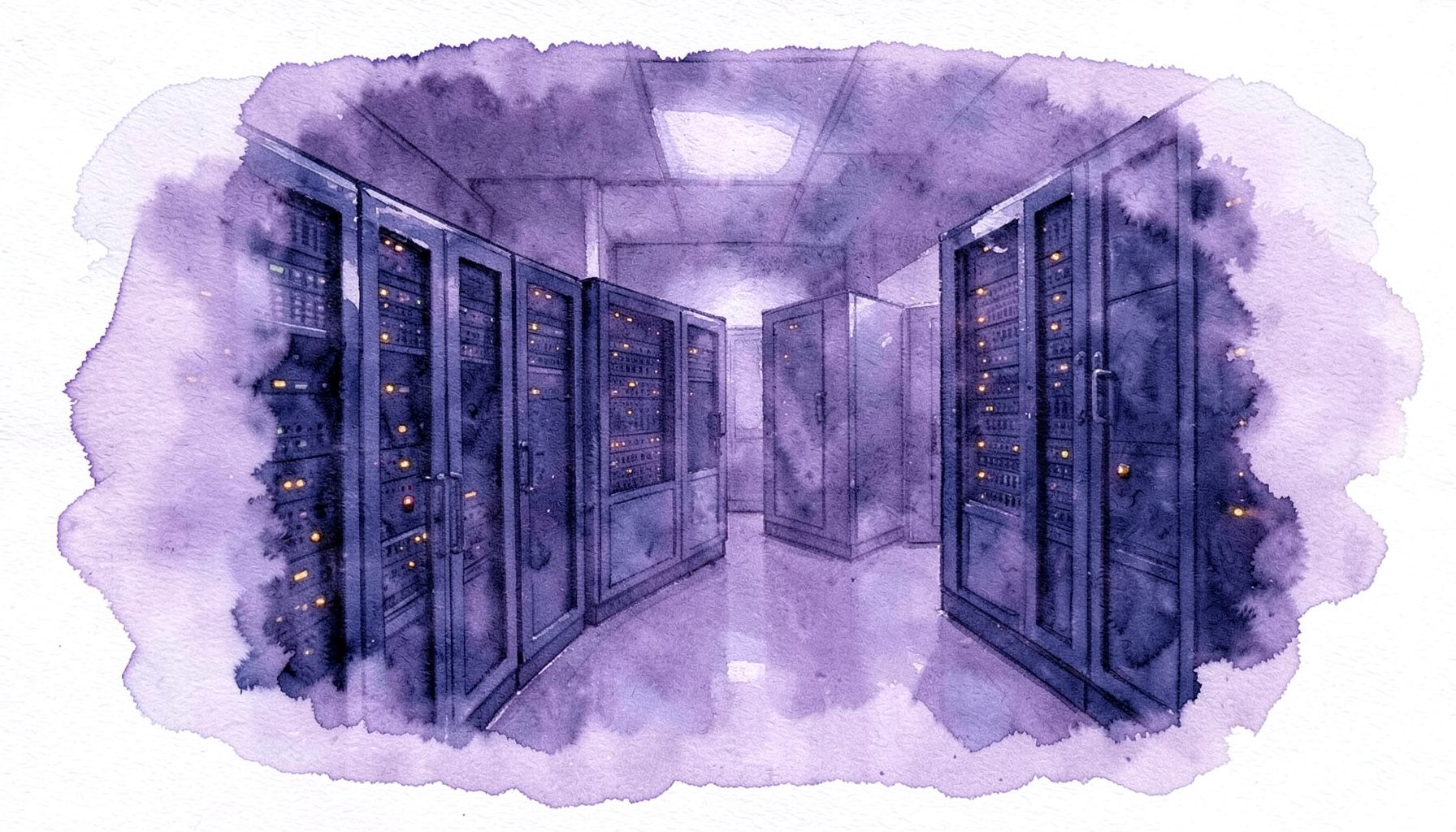 A softly lit watercolour painting of a server room with rows of dark blue cabinets, subtle amber indicator lights glowing through a cool violet haze, conveying quiet computational power
