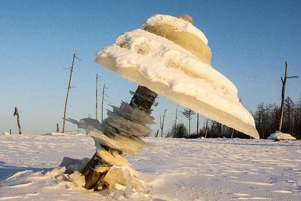 Unusual mushroom-shaped ice formation on a tree stump in a snowy field under clear blue sky
