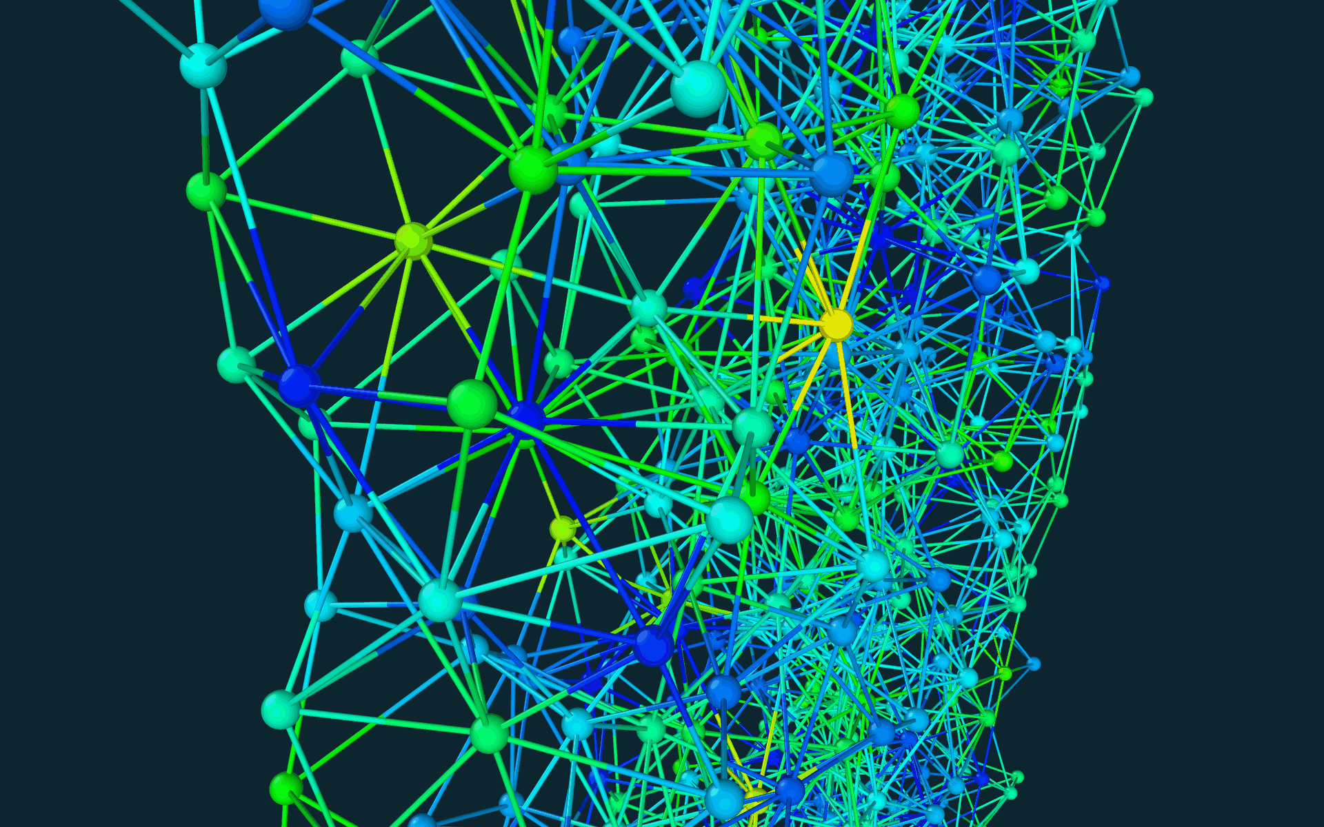 Abstract 3D network of connected spheres and lines in blue, green and yellow on dark background, technological mood
